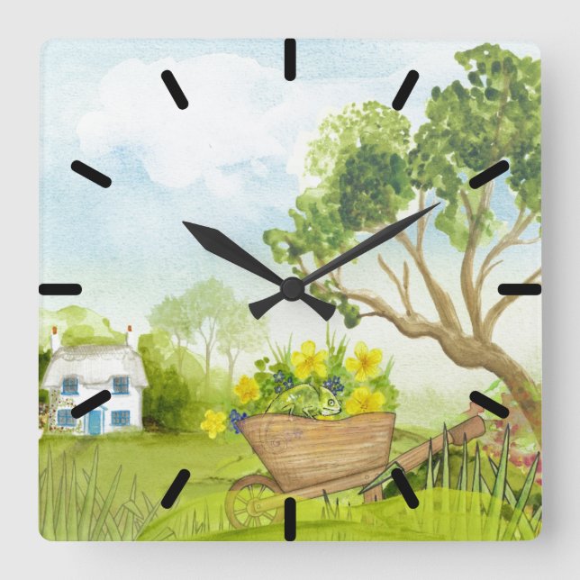 Flowers in the Wheelbarrow Landscape Square Wall Clock (Front)