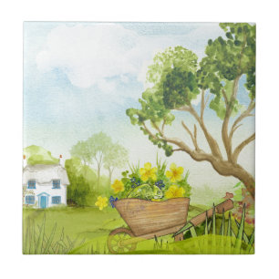 Flowers in the Wheelbarrow Landscape Tile