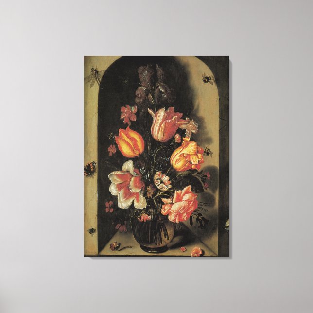 Flowers in Vase, Vintage Baroque Floral Still Life Canvas Print (Front)