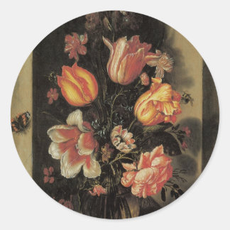Flowers in Vase, Vintage Baroque Floral Still Life Classic Round Sticker