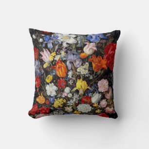 Flowers in Wooden Vessel, Jan Brueghel the Elder Cushion