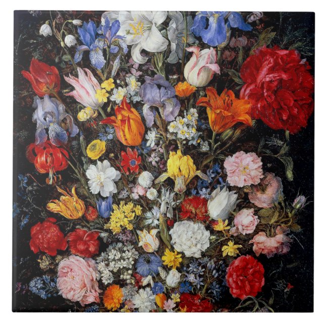 Flowers in Wooden Vessel, Jan Brueghel the Elder Tile (Front)