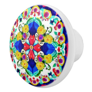 Flowers inspired blue yellow red aesthetic ceramic knob