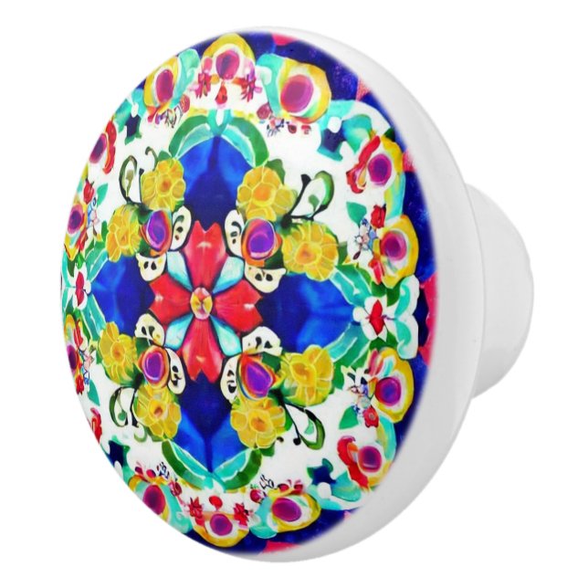 Flowers inspired blue yellow red aesthetic  ceramic knob (Right)