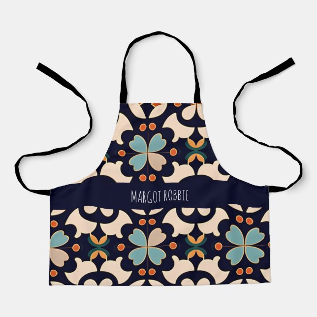 Flowers Isometric Blue Beige Floral Pattern Apron (Front)