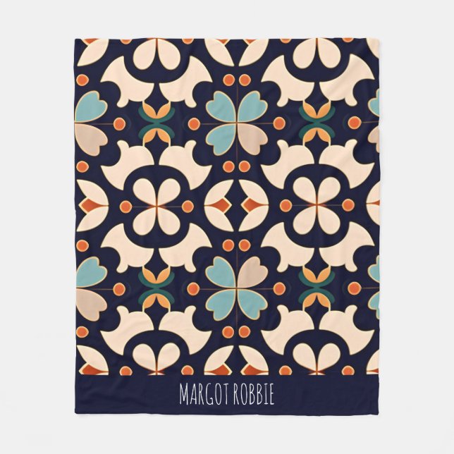 Flowers Isometric Blue Beige Floral Pattern Fleece Blanket (Front)