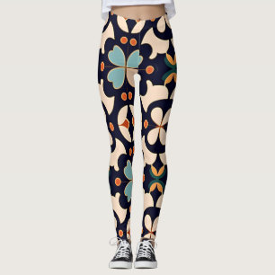 Flowers Isometric Blue Orange Floral Retro Pattern Leggings