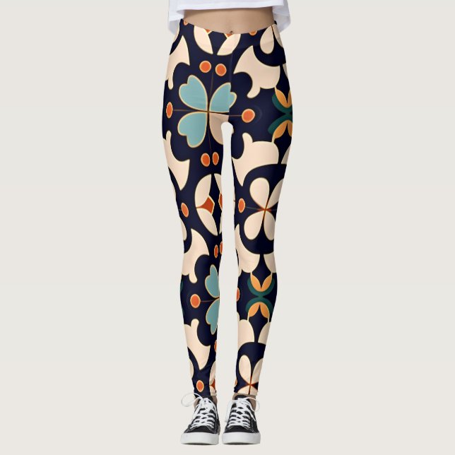Flowers Isometric Blue Orange Floral Retro Pattern Leggings (Front)