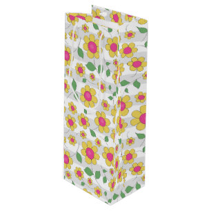 Flowers kids pink yellow happy spring doodles  wine gift bag