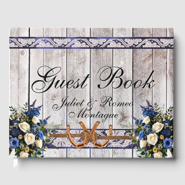 Flowers, Lace & Horseshoes, Blue Ribbon Guest Book (Front)
