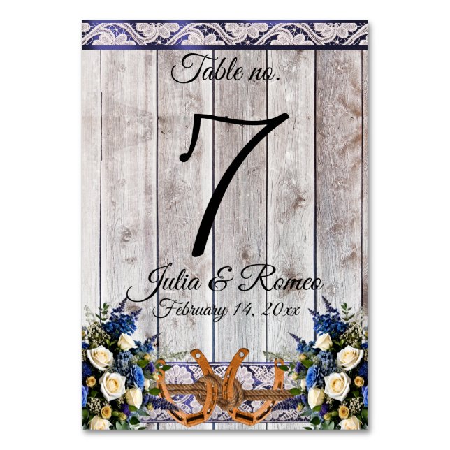 Flowers, Lace & Horseshoes, Blue Ribbon Table Number (Front)