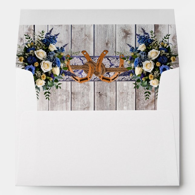 Flowers Lace & Horseshoes, Blue Wedding Envelope (Back (Bottom))