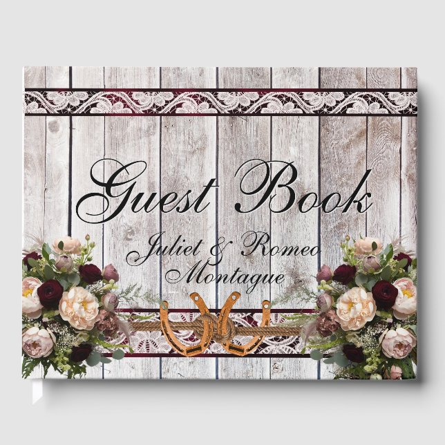 Flowers, Lace & Horseshoes, Burgundy Ribbon Guest Book (Front)