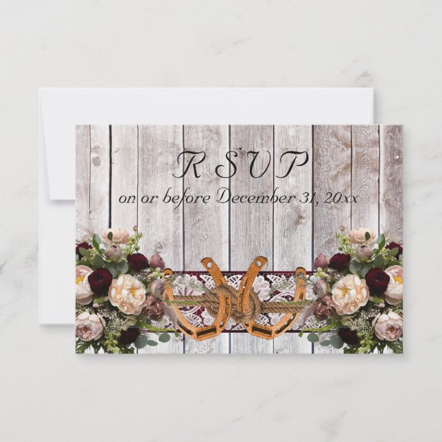 Flowers, Lace & Horseshoes, Burgundy Ribbon RSVP Card (Front)