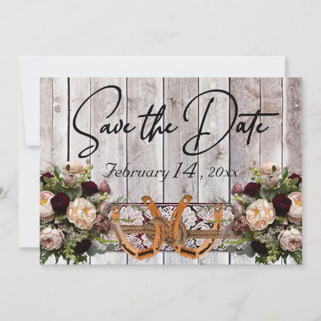 Flowers, Lace & Horseshoes Burgundy Ribbon Wedding Save The Date (Front)