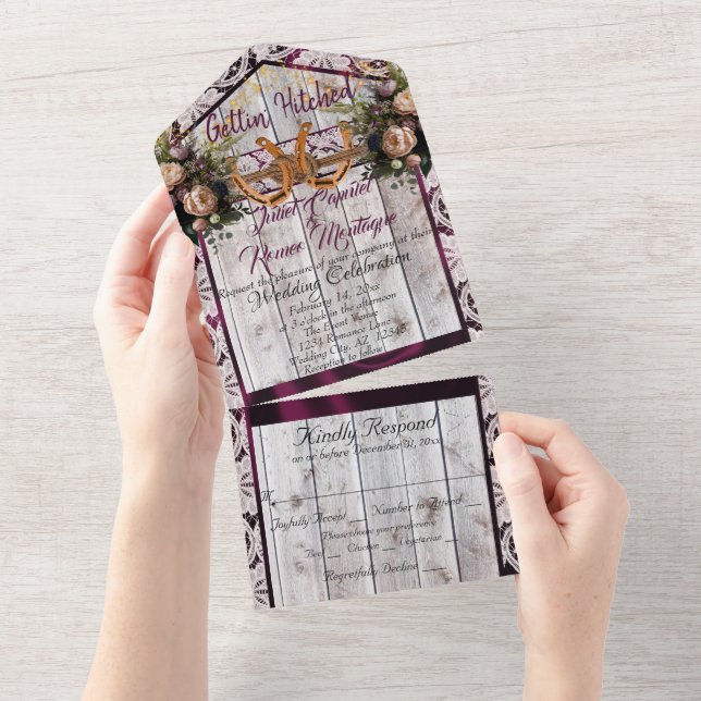 Flowers, Lace & Horseshoes, Purple Ribbon All In One Invitation (Tearaway)