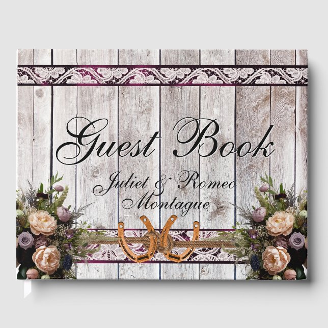 Flowers, Lace & Horseshoes, Purple Ribbon Guest Book (Front)