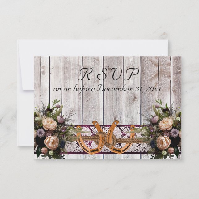 Flowers, Lace & Horseshoes, Purple Ribbon Wedding RSVP Card (Front)