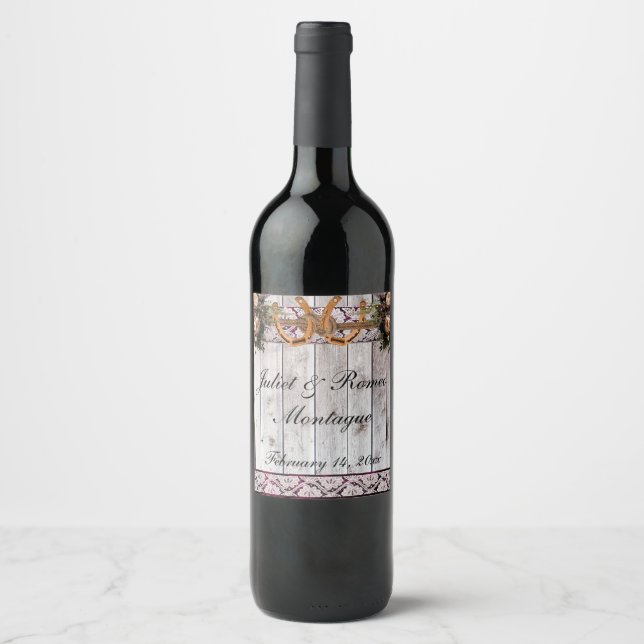 Flowers, Lace & Horseshoes, Purple Ribbon Wine Label (Front)