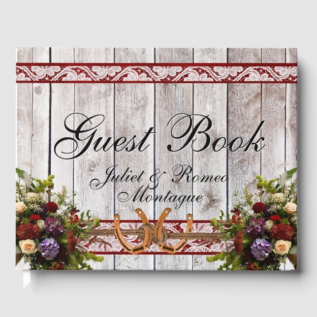 Flowers, Lace & Horseshoes, Red Ribbon Guest Book (Front)
