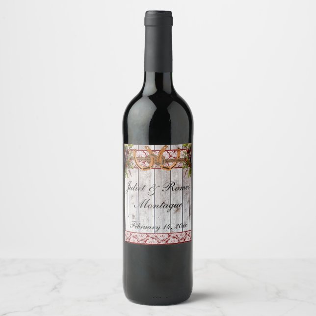 Flowers, Lace & Horseshoes, Red Ribbon Wine Label (Front)