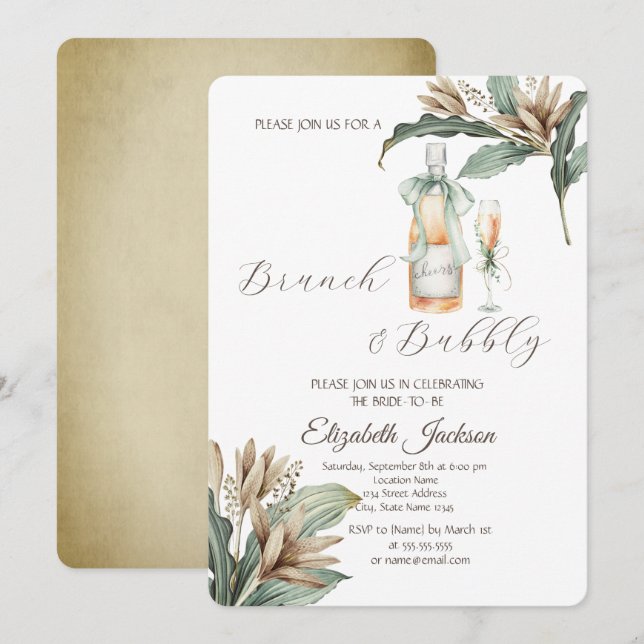 Flowers Leaf Champagne Glass Bottle Bridal Shower  Invitation (Front/Back)