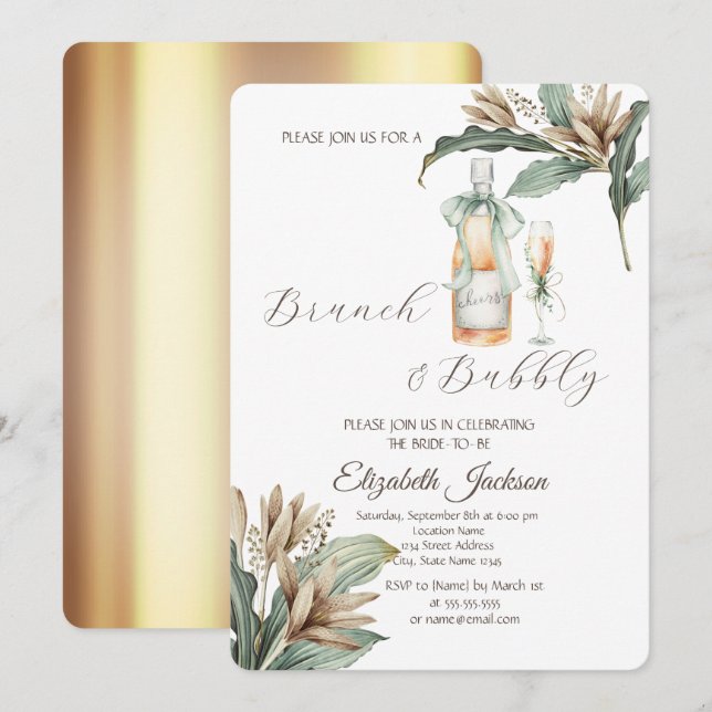 Flowers Leaf Champagne Glass Gold Bridal Shower   Invitation (Front/Back)
