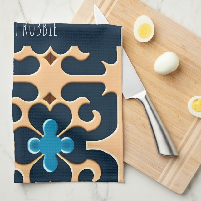 Flowers Leaves Blue Beige Floral Pattern Tea Towel (Quarter Fold)