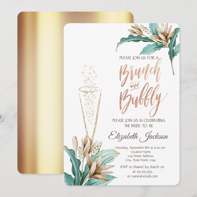 Flowers Leaves Champagne Glass Bridal Shower  Invitation (Front/Back)