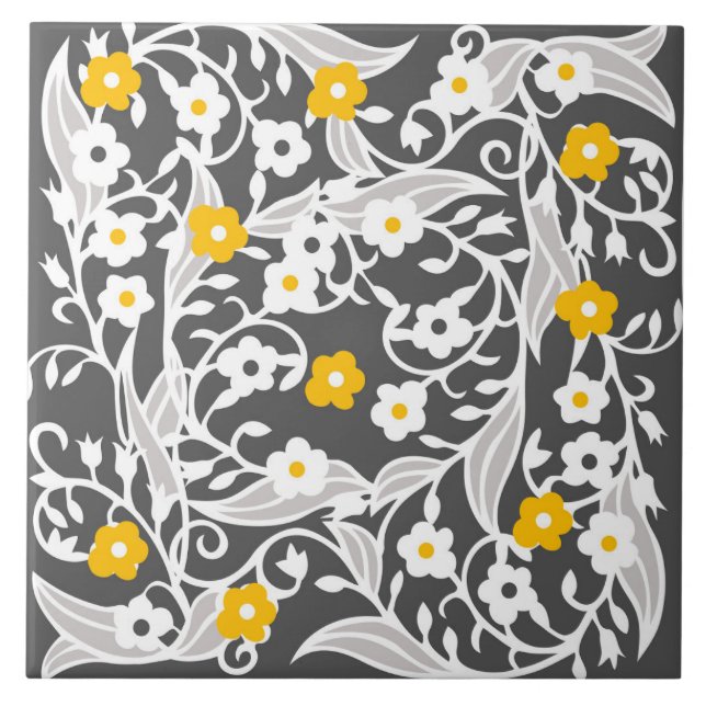 Flowers, leaves, vines, grey, white, yellow tile (Front)