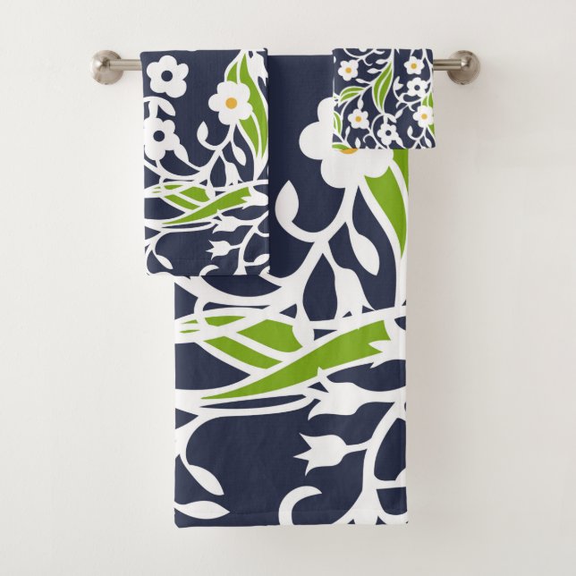 Flowers, leaves, vines, navy blue, white, green bath towel set (Insitu)