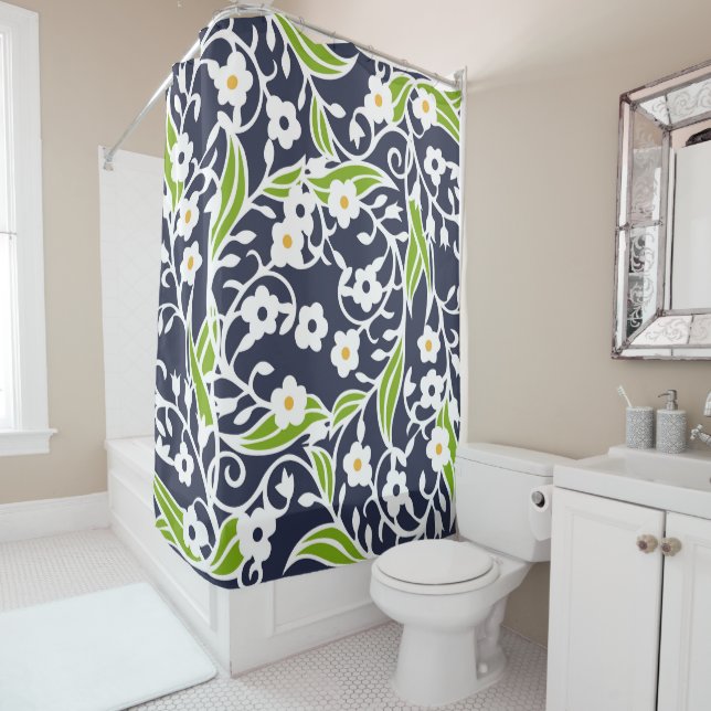 Flowers, leaves, vines, navy blue, white, green shower curtain (In Situ)