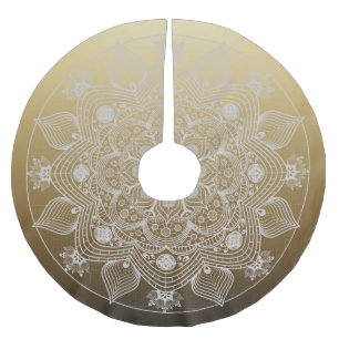 Flowers, Leaves, White Lace Floral Mandala on Gold Brushed Polyester Tree Skirt