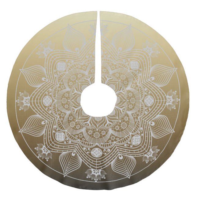 Flowers, Leaves, White Lace Floral Mandala on Gold Brushed Polyester Tree Skirt (Front)