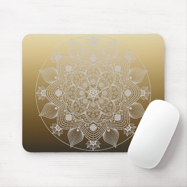 Flowers, Leaves, White Lace Floral Mandala on Gold Mouse Mat (With Mouse)