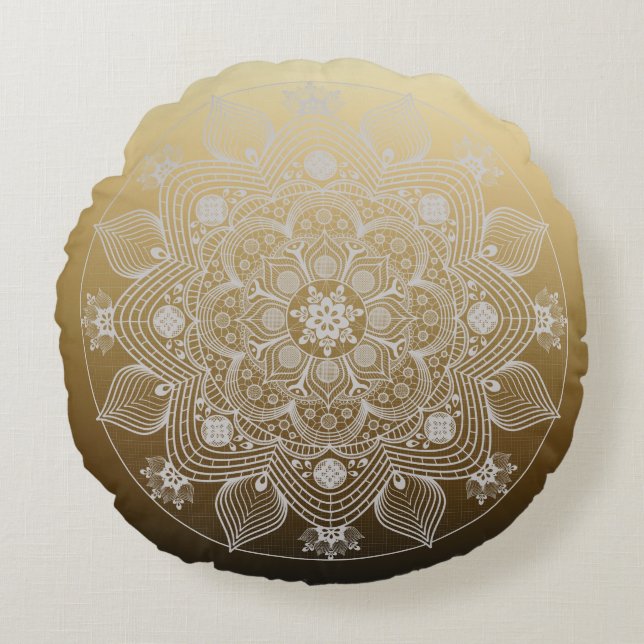 Flowers, Leaves, White Lace Floral Mandala on Gold Round Cushion (Front)