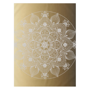 Flowers, Leaves, White Lace Floral Mandala on Gold Tablecloth