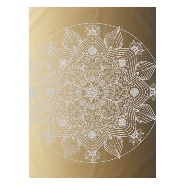 Flowers, Leaves, White Lace Floral Mandala on Gold Tablecloth (Front)