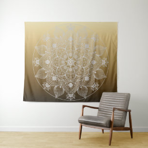 Flowers, Leaves, White Lace Floral Mandala on Gold Tapestry
