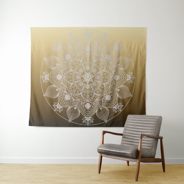 Flowers, Leaves, White Lace Floral Mandala on Gold Tapestry (In Situ (Horizontal))