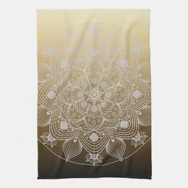 Flowers, Leaves, White Lace Floral Mandala on Gold Tea Towel (Vertical)