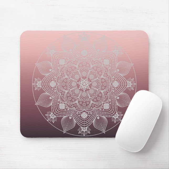 Flowers, Leaves, White Lace Floral Mandala on Pink Mouse Mat (With Mouse)