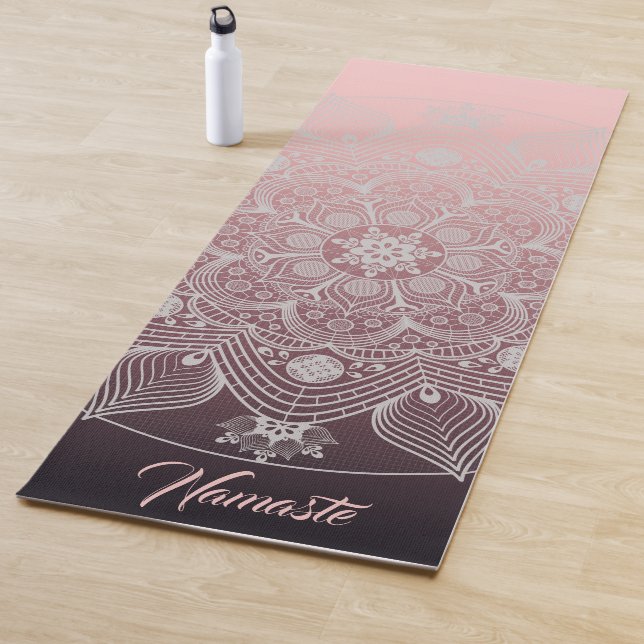 Flowers, Leaves, White Lace Floral Mandala on Pink Yoga Mat (In Situ)