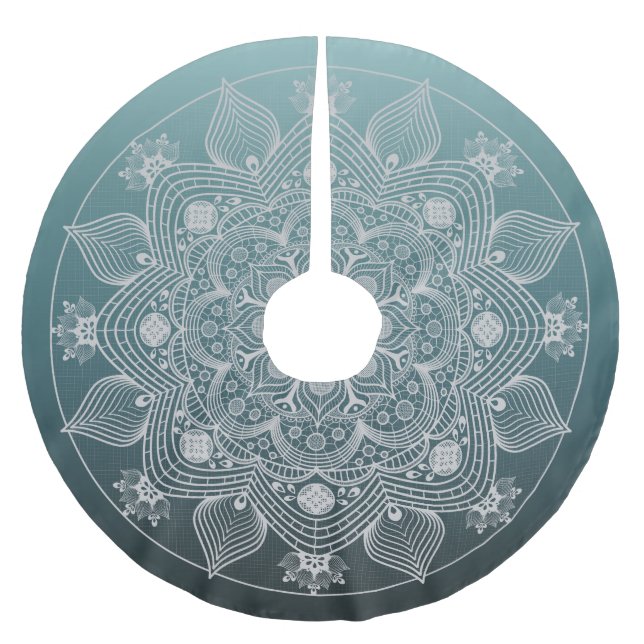 Flowers, Leaves, White Lace Floral Mandala on Teal Brushed Polyester Tree Skirt (Front)