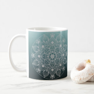 Flowers, Leaves, White Lace Floral Mandala on Teal Coffee Mug