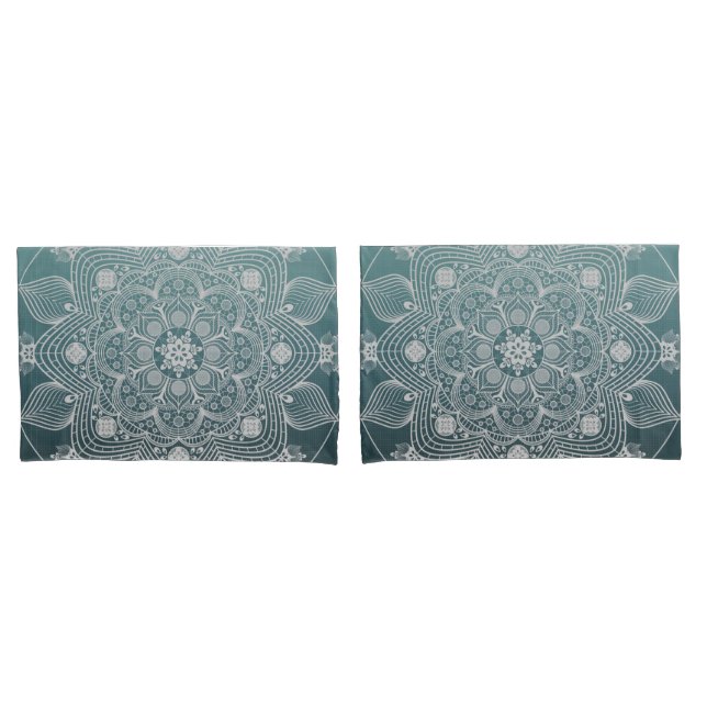 Flowers, Leaves, White Lace Floral Mandala on Teal Pillowcase (Front-Set)