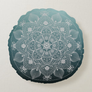 Flowers, Leaves, White Lace Floral Mandala on Teal Round Cushion