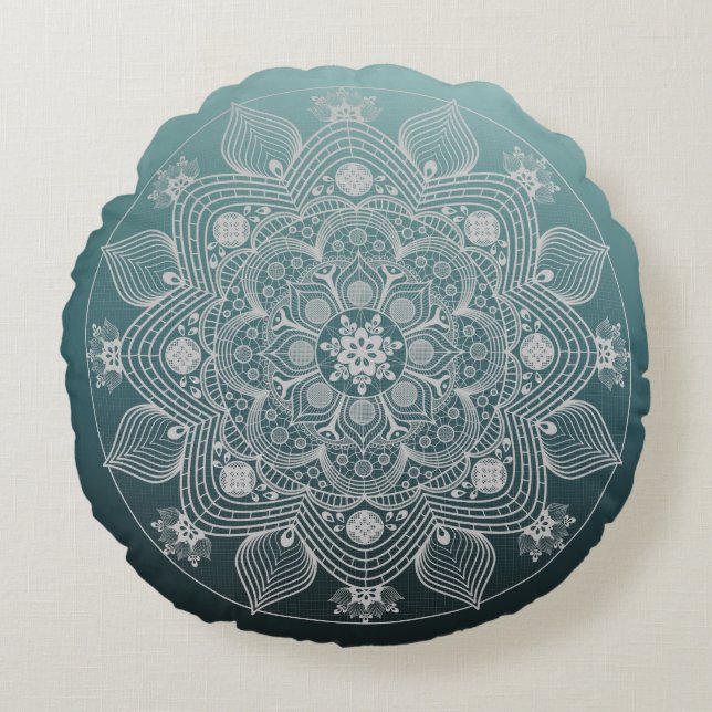 Flowers, Leaves, White Lace Floral Mandala on Teal Round Cushion (Front)