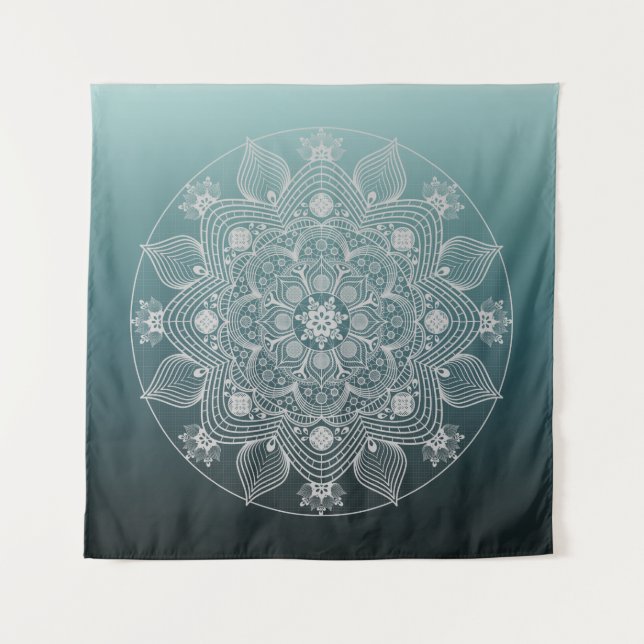 Flowers, Leaves, White Lace Floral Mandala on Teal Tapestry (Front)
