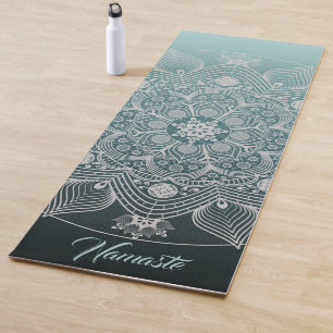 Flowers, Leaves, White Lace Floral Mandala on Teal Yoga Mat